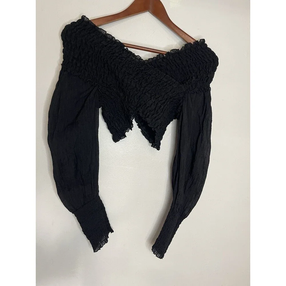 Zara Women's Medium Black Textured Stretchy Criss Cross Long Sleeve Top Blouse